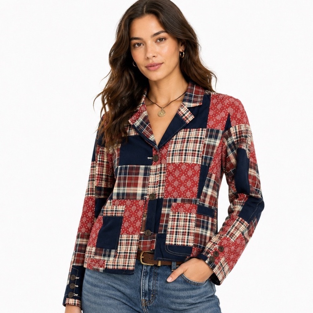 23 by 23 Patchwork Jacket Women Size Large New Nantucket Red Plaid Bandana Print